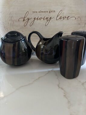 Sango Dark Brown and Black Glazed Creamer, Sugar Bowl & Salt Pepper Shakers